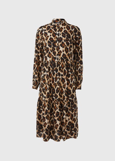 Brown Animal Print Viscose Midi Shirt Dress