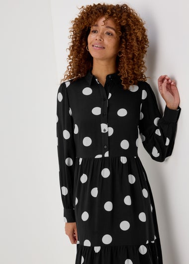 Black Large Spot Viscose Midi Shirt Dress