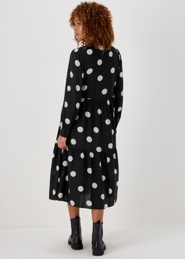 Black Large Spot Viscose Midi Shirt Dress