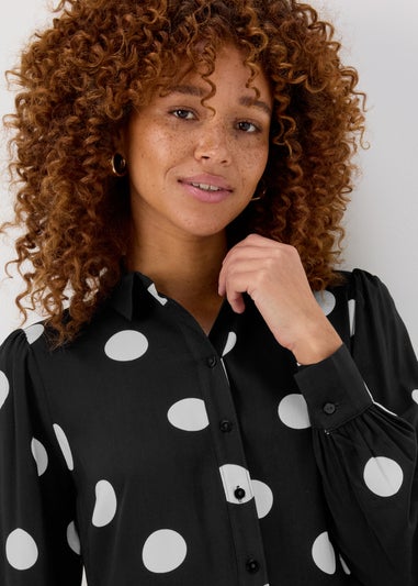 Black Large Spot Viscose Midi Shirt Dress