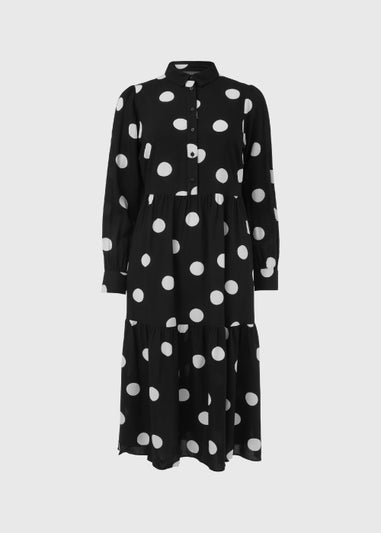 Black Large Spot Viscose Midi Shirt Dress