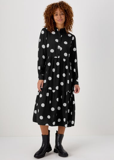 Black Large Spot Viscose Midi Shirt Dress