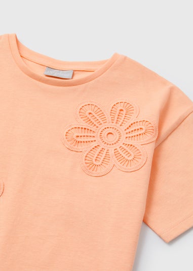 Girls Coral Crochet Flower Trim T-Shirt (7-13yrs)