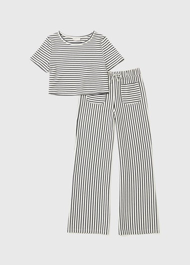 Girls Cream Stripe Pattern Wide Leg Set (7-13yrs)