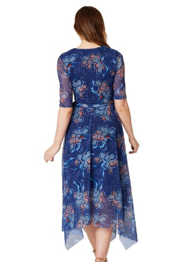 Izabel London Navy Floral Wrap Hanky Hem Dress