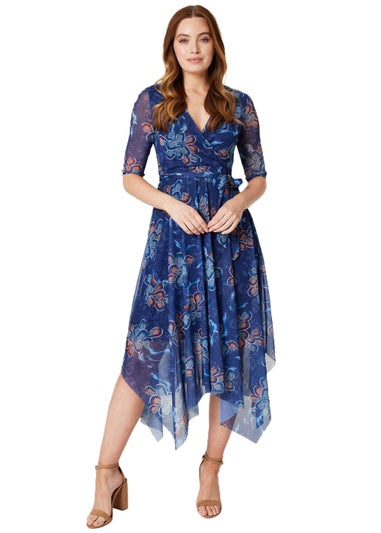 Izabel London Navy Floral Wrap Hanky Hem Dress