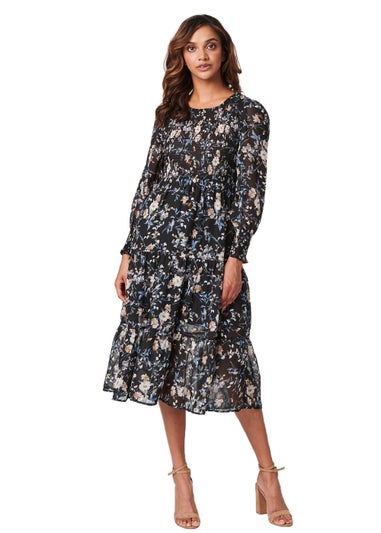 Izabel London Black Floral Shirred Maxi Dress