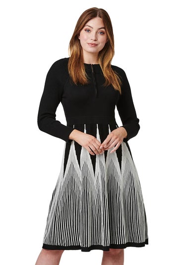 Izabel London Black And White Zip Front Knit Skater Dress