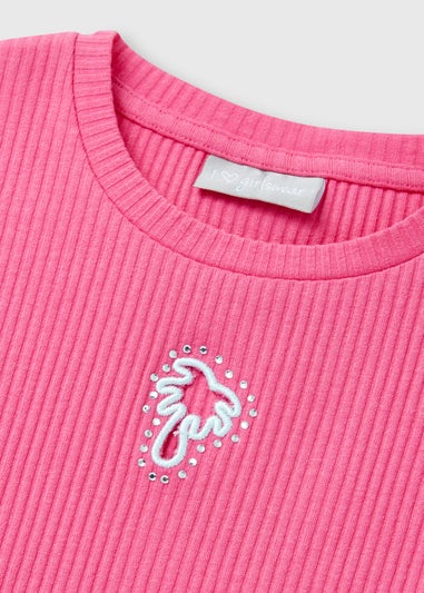 Girls Pink Ribbed Cut Out Palm Tree T-Shirt (7-15yrs)