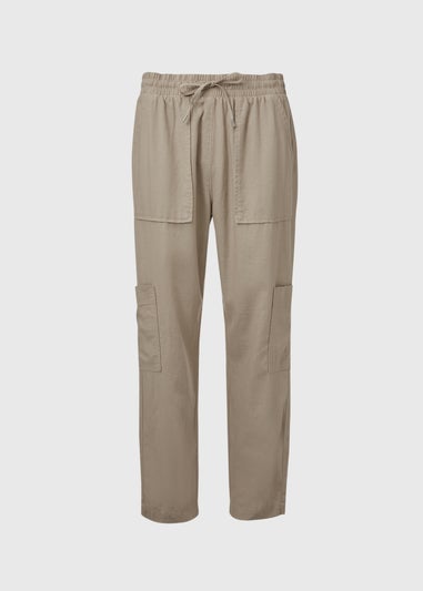 Beige Tapered Linen Cargo Trousers