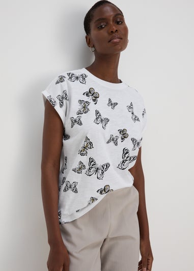 White Butterfly Print Relaxed T-Shirt