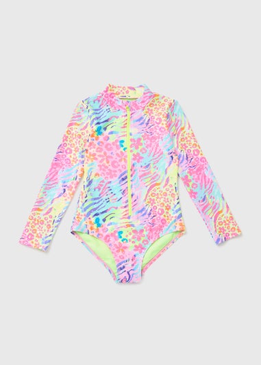 Girls Multicoloured Zebra Print Zip Swimsuit (6-13yrs)