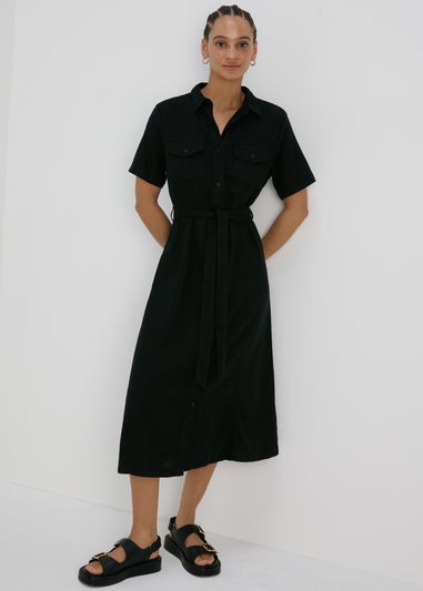 Black Linen Midi Shirt Dress
