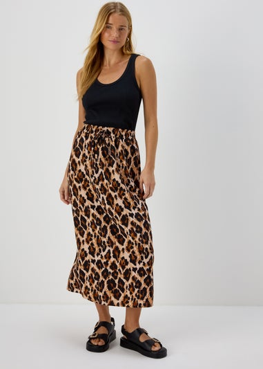 Brown Leopard Print Midi Skirt