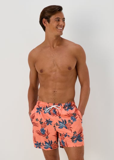 Orange Floral Print Swim Shorts
