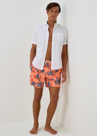 Orange Floral Print Swim Shorts