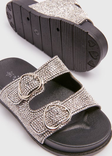 Girls Black Diamante Buckle Sliders (Younger10- 5 yrs)