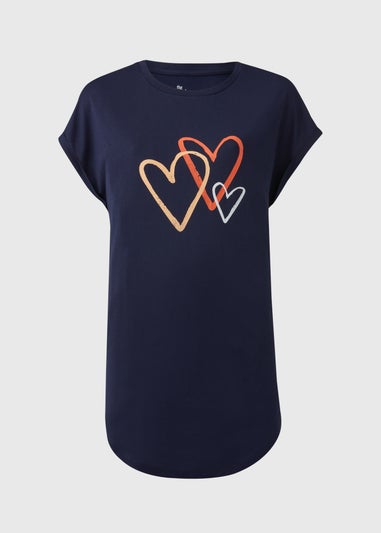 Navy Triple Heart Print Longline T-Shirt