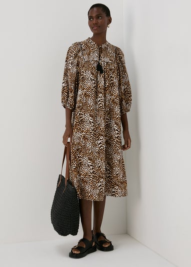 Brown Animal Print Boho Midi Dress