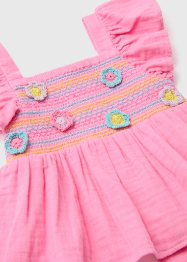 Girls Pink Embroidered Wild Flower Skirt & Shorts Set (1-7yrs)