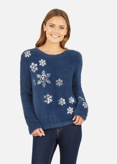 Mela Sequin Snowflake Fluffy Jumper In Navy