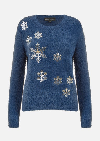 Mela Sequin Snowflake Fluffy Jumper In Navy