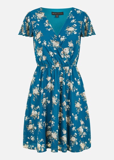 Mela Floral Print Wrap Over Skater Dress In Teal