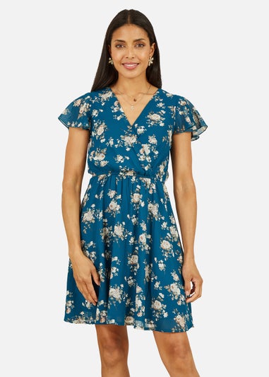 Mela Floral Print Wrap Over Skater Dress In Teal