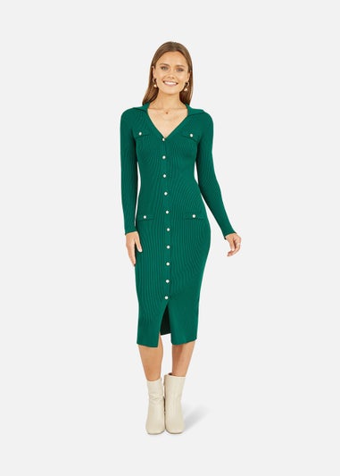 Mela Knitted Fitted Midi Dress With Buttons In Green