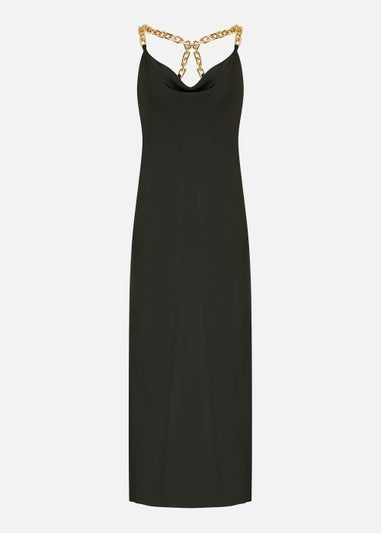 Mela Satin Cowl Neck Maxi Dress With Chain Straps In Black
