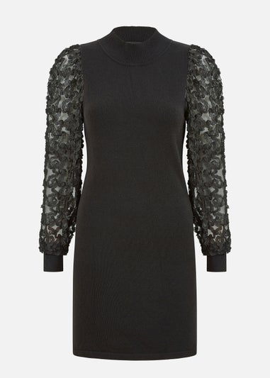 Mela Fitted Knitted Dress With Mesh Sleeve In Black