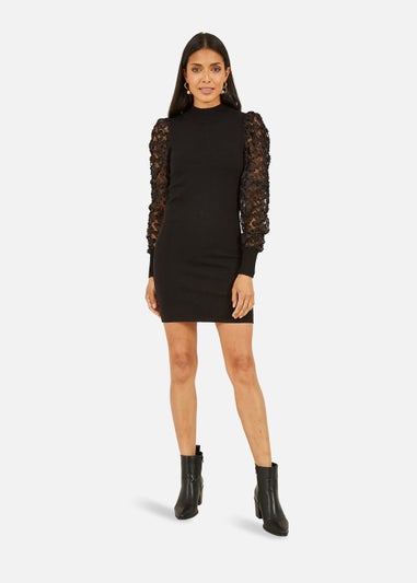 Mela Fitted Knitted Dress With Mesh Sleeve In Black