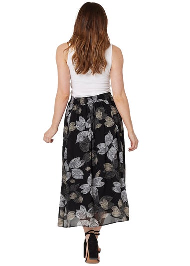 Izabel London Black Leaf Print High Waist Midi Skirt