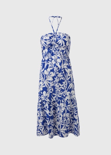 Blue Floral Bandeau Ruched Midi Dress