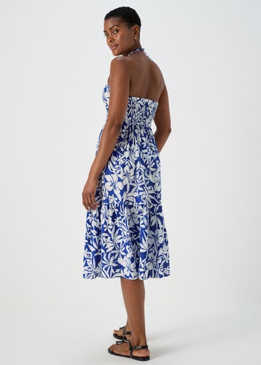 Blue Floral Bandeau Ruched Midi Dress