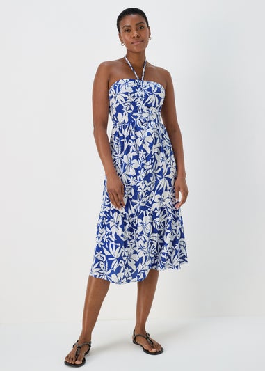 Blue Floral Bandeau Ruched Midi Dress