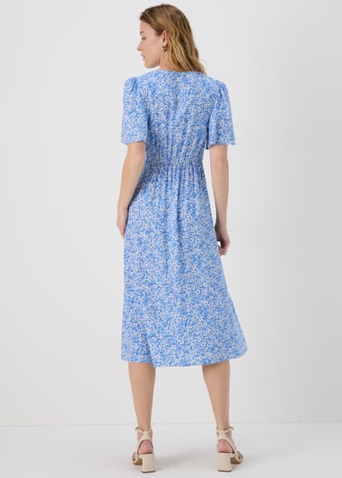 Blue Floral Viscose Midi Tea Dress