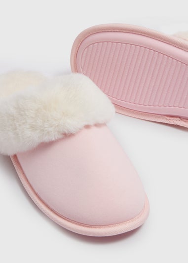 Pink Fur Trim Mule Slippers