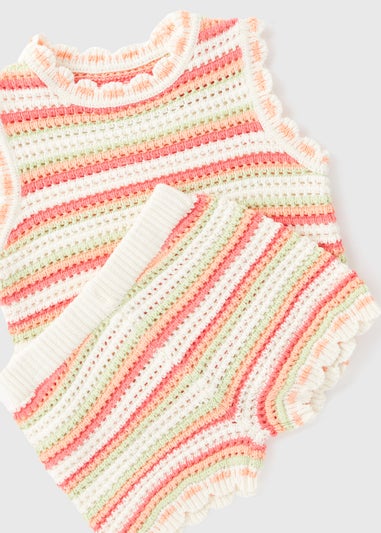 Girls Multicolour Stripe Crochet Effect Top & Shorts Set (1-7yrs)