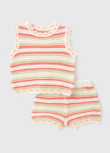 Girls Multicolour Stripe Crochet Effect Top & Shorts Set (1-7yrs)