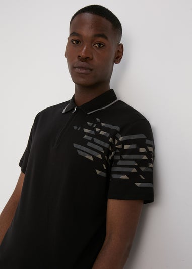 Black Grid Print Polo Shirt