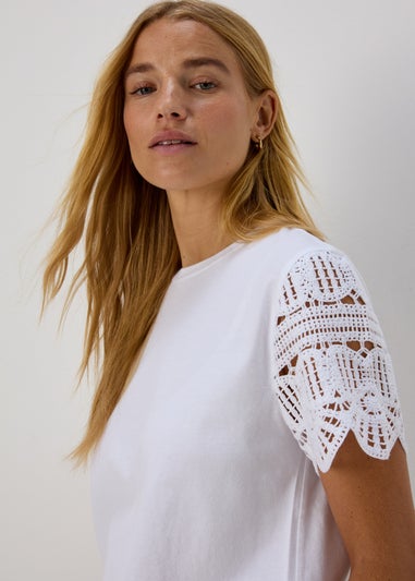 White Crochet Sleeve T-Shirt