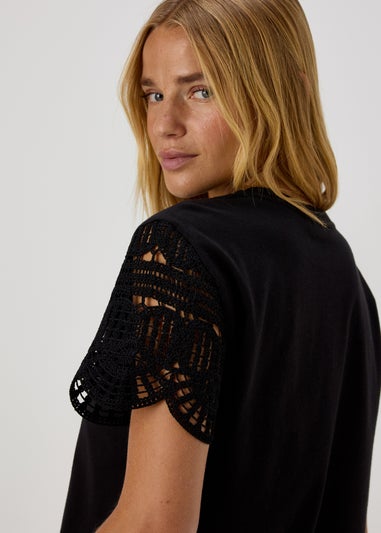 Black Crochet Sleeve T-Shirt