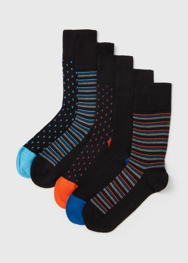 5 Pack Flexi Top Black Patterned Socks