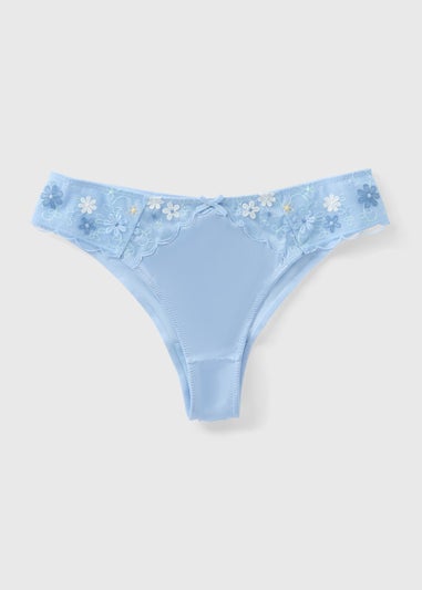 Blue Embroidered Floral Brazilian Knickers