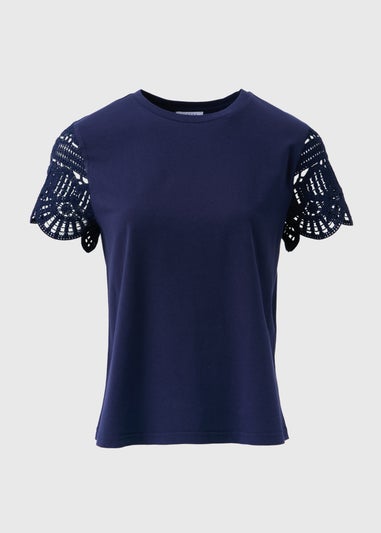 Navy Crochet Sleeve T-Shirt
