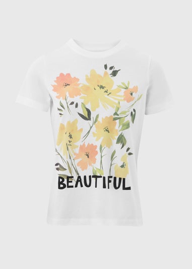 White Floral Print Slogan T-Shirt