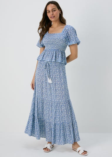 Blue Co Ord Floral Crinkle Viscose Skirt