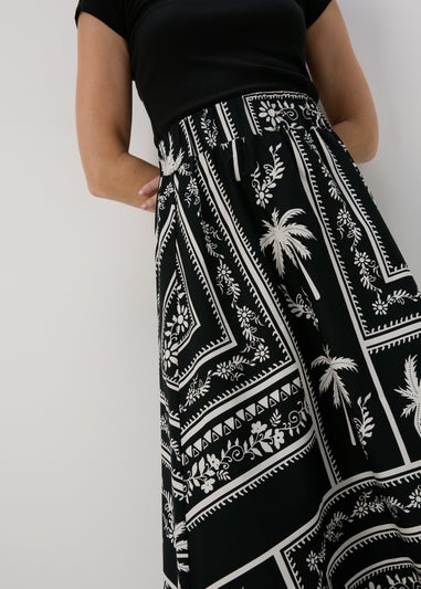 Black Mono Print Poplin Midi Skirt