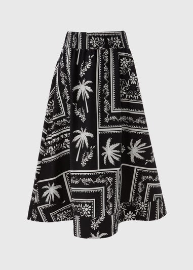 Black Mono Print Poplin Midi Skirt